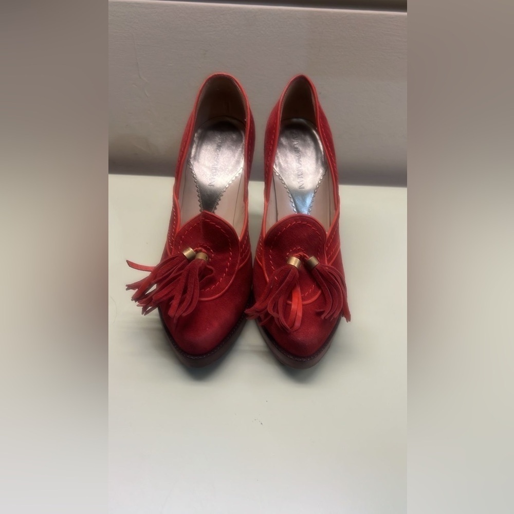 Emporio Armani Red Suede Flats with Tassel Detail